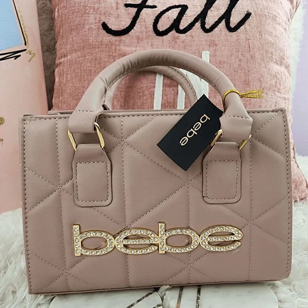 BEBE Zaza Small Top Handle Crossbody Beige Crystal Logo